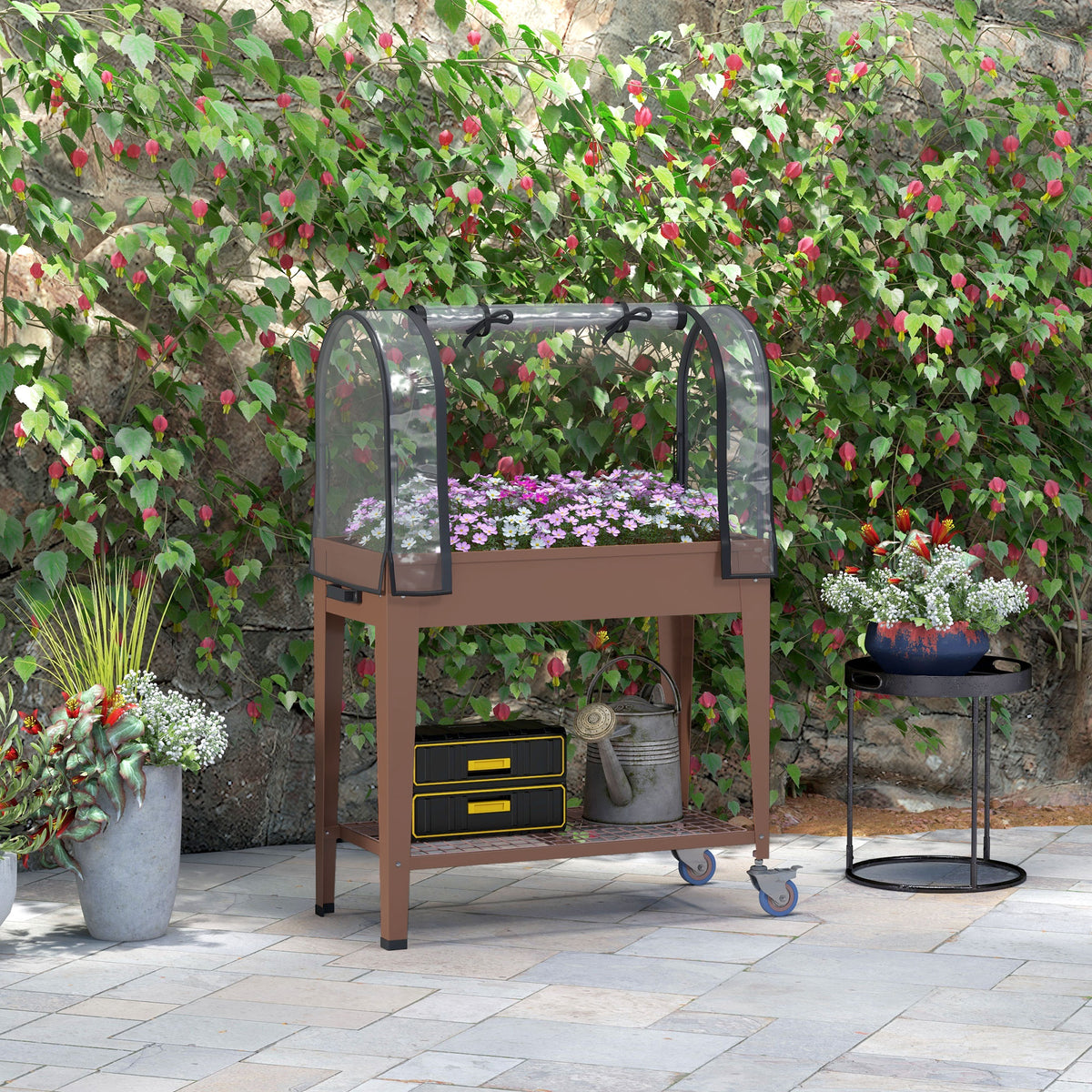 Jardinière surélevée avec bâche transparente, 2 roulettes et 1 étagère inférieure, dim. 80L x 40l x 120H cm