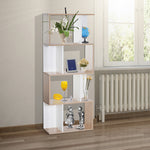 Bibliothèque à 4 niveaux, meuble de rangement en forme de S avec étagères, étagère de rangement pour salon, chambre bureau, 60 x 24 x 148 cm, bois naturel et blanc