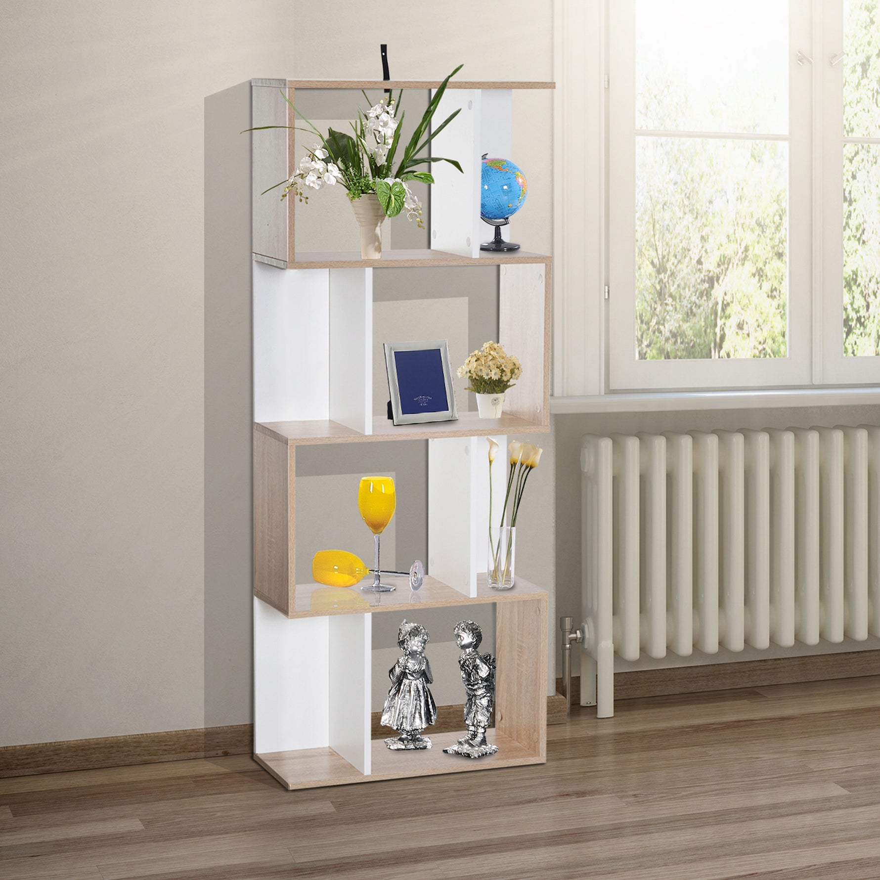 Bibliothèque à 4 niveaux, meuble de rangement en forme de S avec étagères, étagère de rangement pour salon, chambre bureau, 60 x 24 x 148 cm, bois naturel et blanc