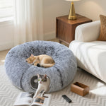 Katzentunnel für den Innenbereich mit Donut-förmigem Katzenbett, waschbares, rundes Kissen, 90x80x27cm, Hellgrau