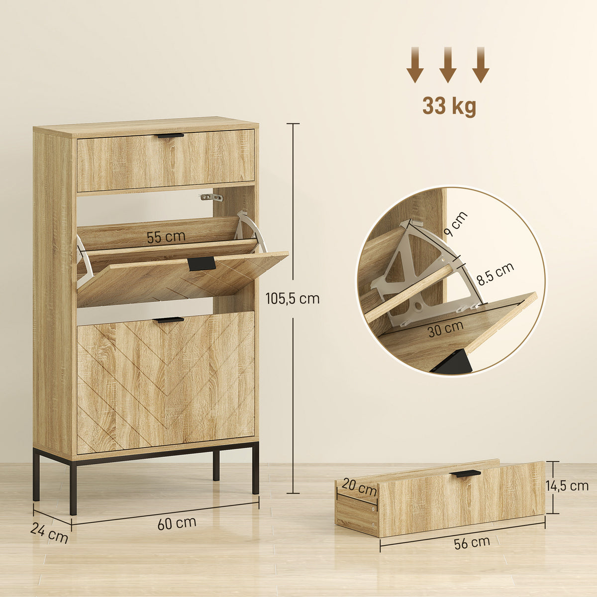 Meuble à chaussures 8 paires avec tiroir coulissant, 2 tiroirs rabattables, étagères réglables, 60x24x105,5cm, chêne