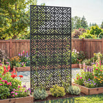 Kanpoko pantaila apaingarria, lorategirako itxitura apaingarria, 3 panel, eredu geometrikoarekin, metalezkoa, 92x40x192 cm, beltza
