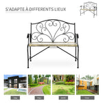 Banc de Jardin 2 Places Style néo-rétro Fer forgé Lignes fuselées métal Noir doré Effet Vieilli