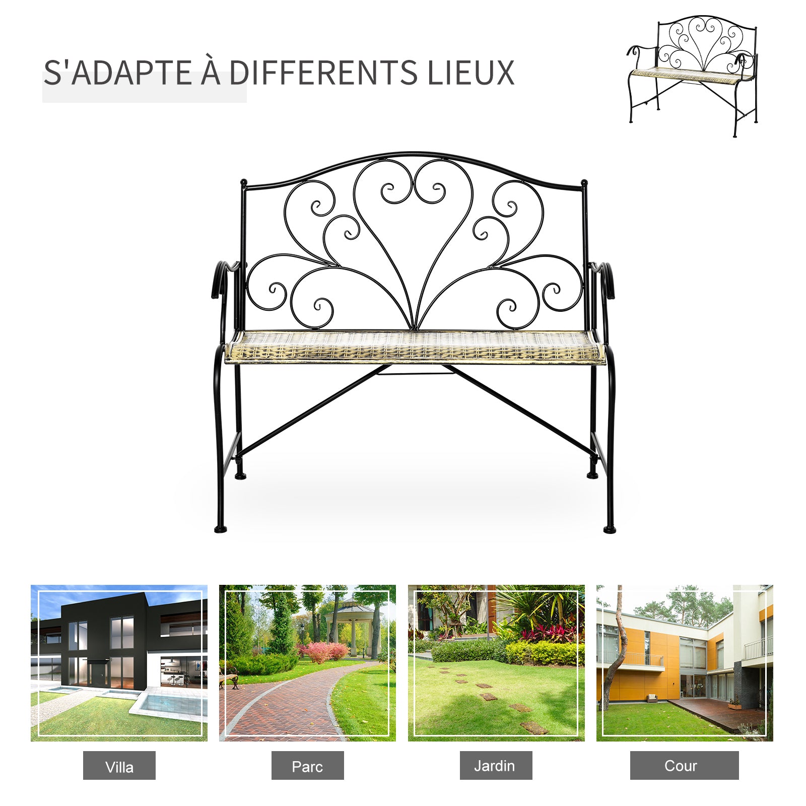 Banc de Jardin 2 Places Style néo-rétro Fer forgé Lignes fuselées métal Noir doré Effet Vieilli