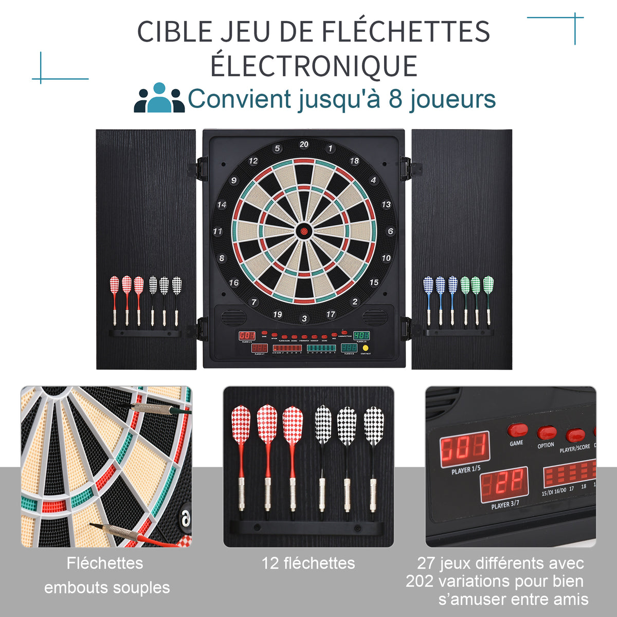 Cible jeu de fléchettes électronique refermable 27 jeux 202 variations jusqu'à 8 joueurs affichage LED