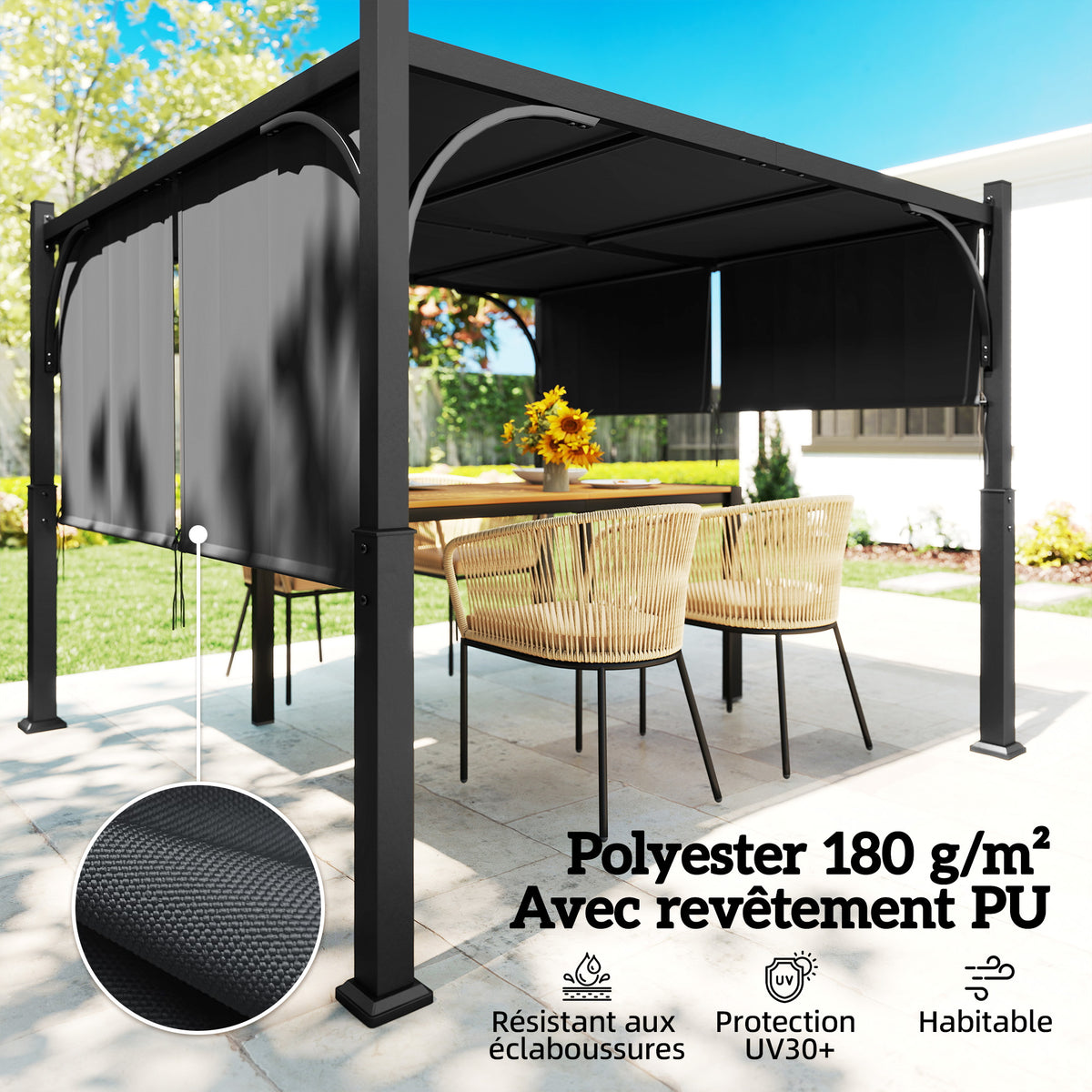 Pergola de jardin 3 x 3 m tonnelle de jardin avec Auvent coulissant, structure métallique, pour extérieur, Gris Foncé