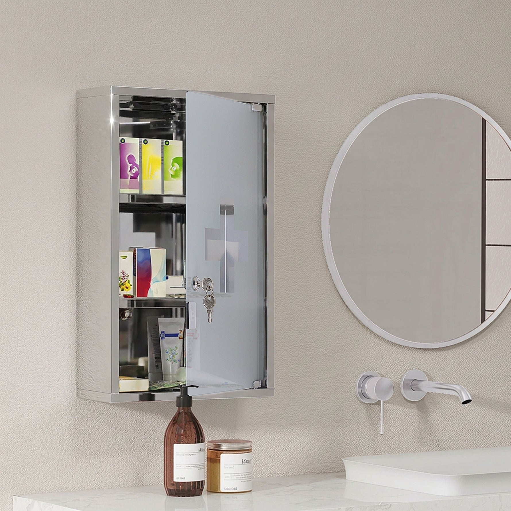 Armoire à pharmacie murale à 3 niveaux en acier inoxydable avec porte verrouillable en verre avec 2 clés