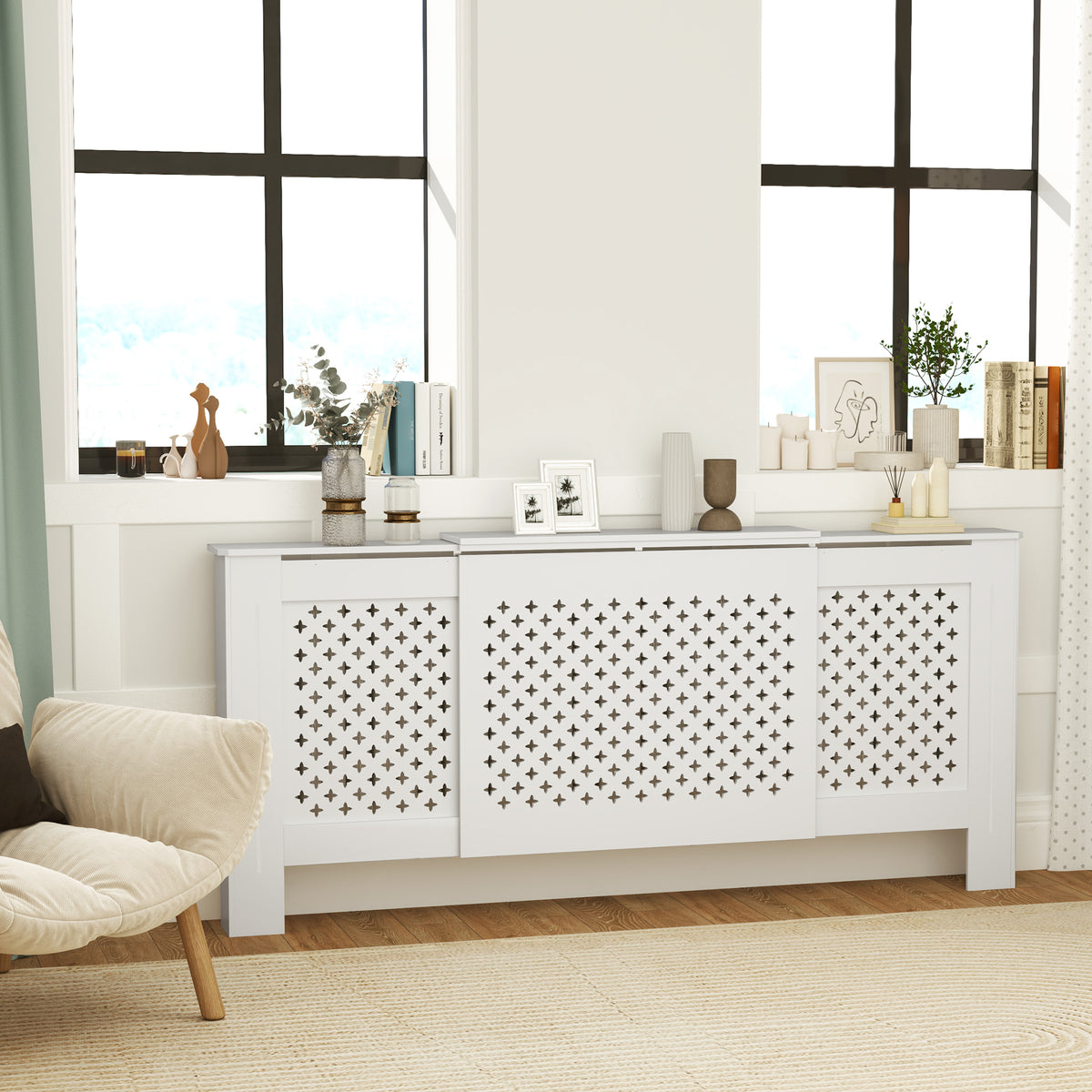 Verstelbare radiatorombouw modern design, uitschuifbare lengte 136-200 x 21,5 x 91,7 cm, wit