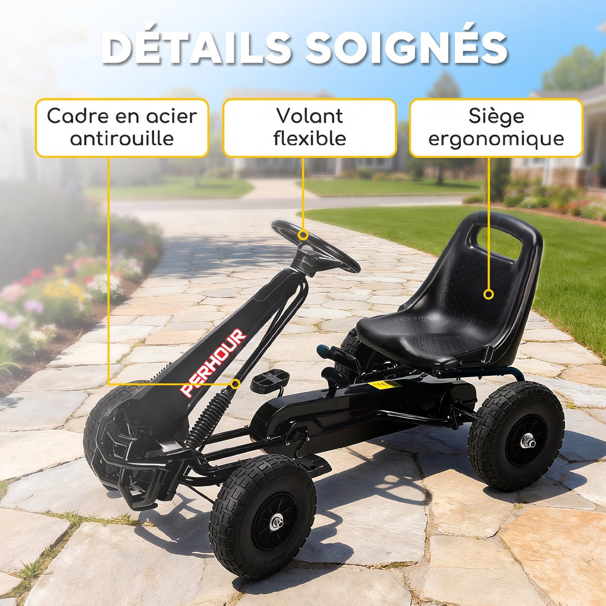 Kart à pédales Go-Kart pour enfants siège réglable pneus EVA embrayage manuel et frein 110 x 61 x 62 cm noir
