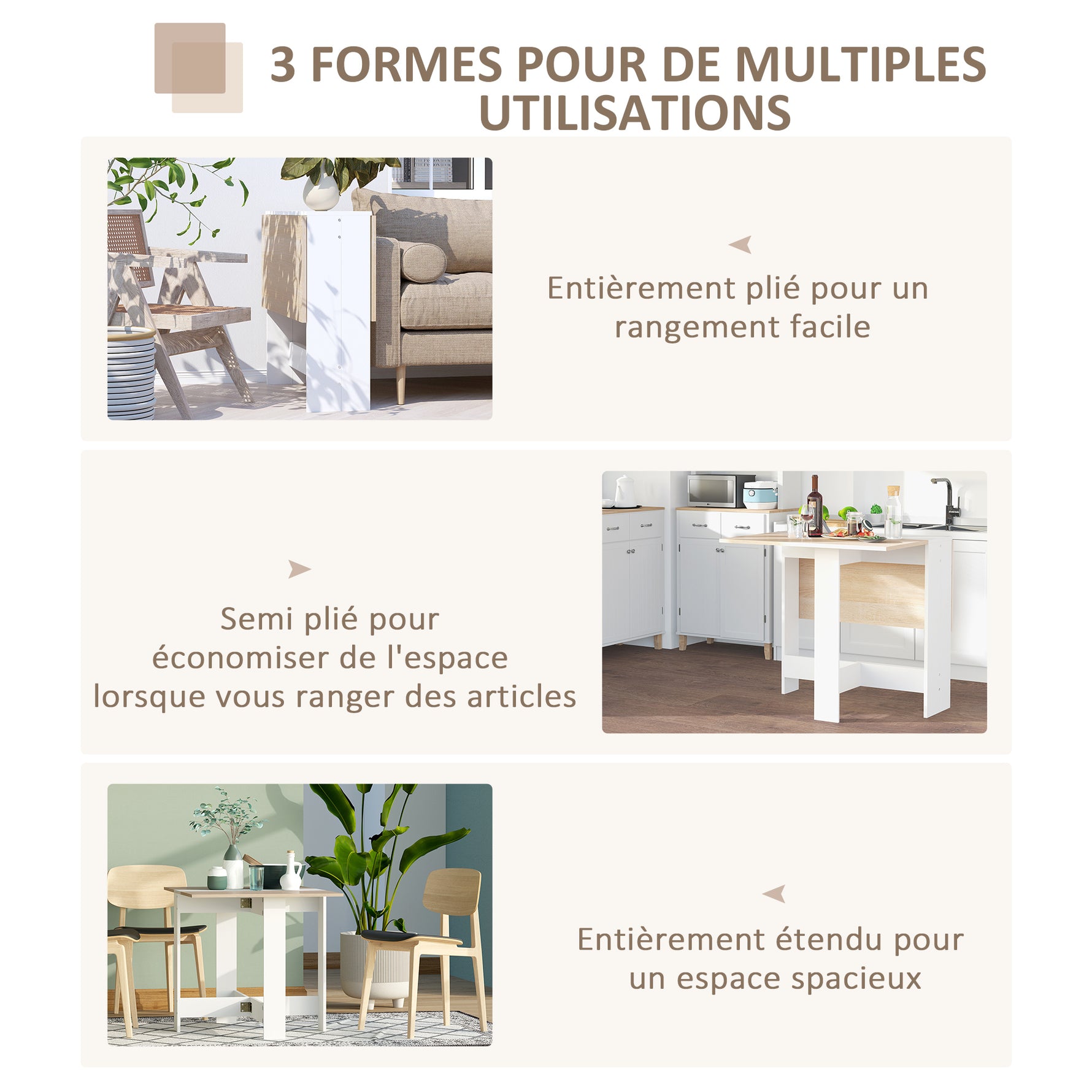 Table de cuisine pliable 103L x 76l x 74H cm en bois bicolore chêne blanc