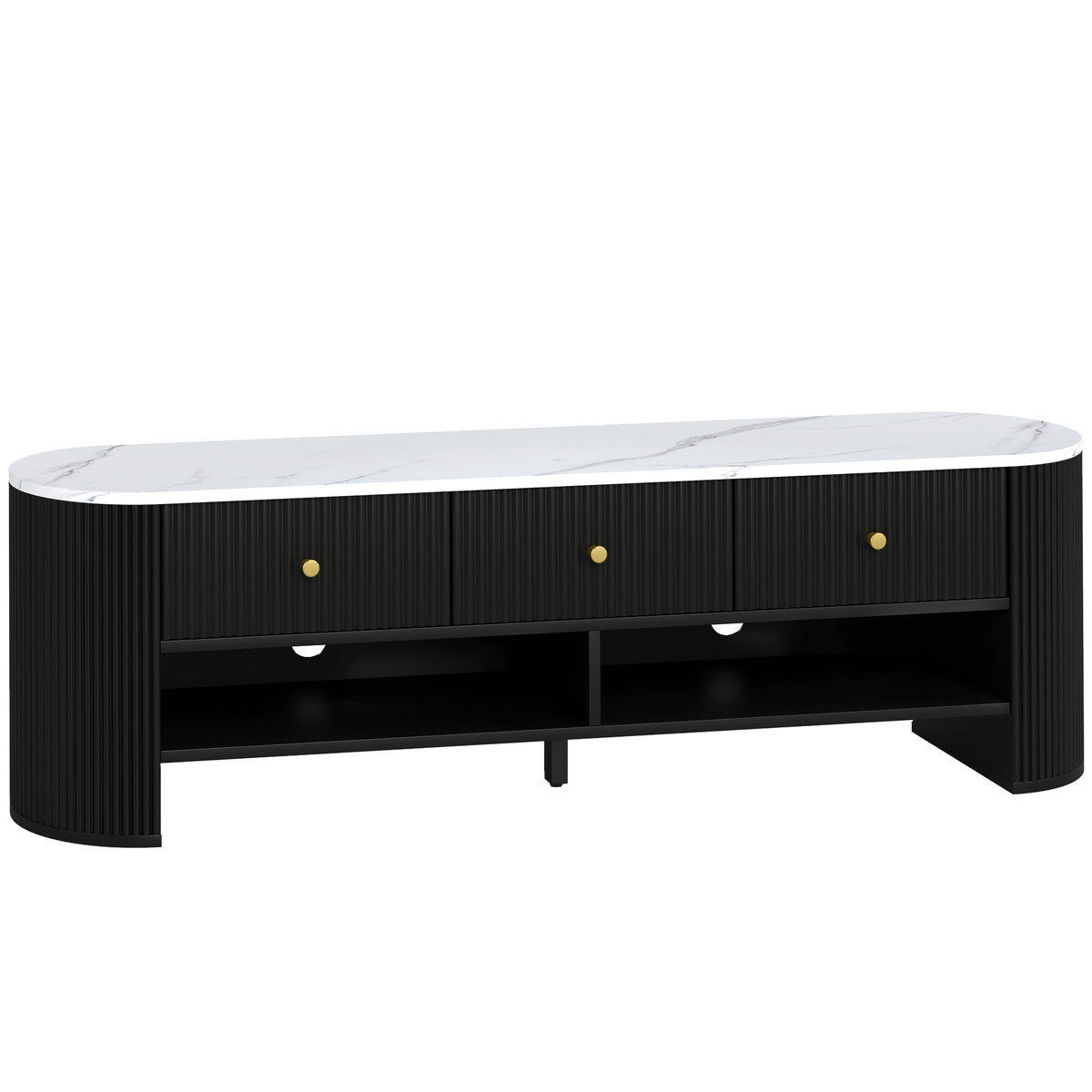 Meuble TV 140 cm, meuble télé pour téléviseur 65 pouces effet marbre avec 3 tiroirs façades à cannelures 2 étagères noir
