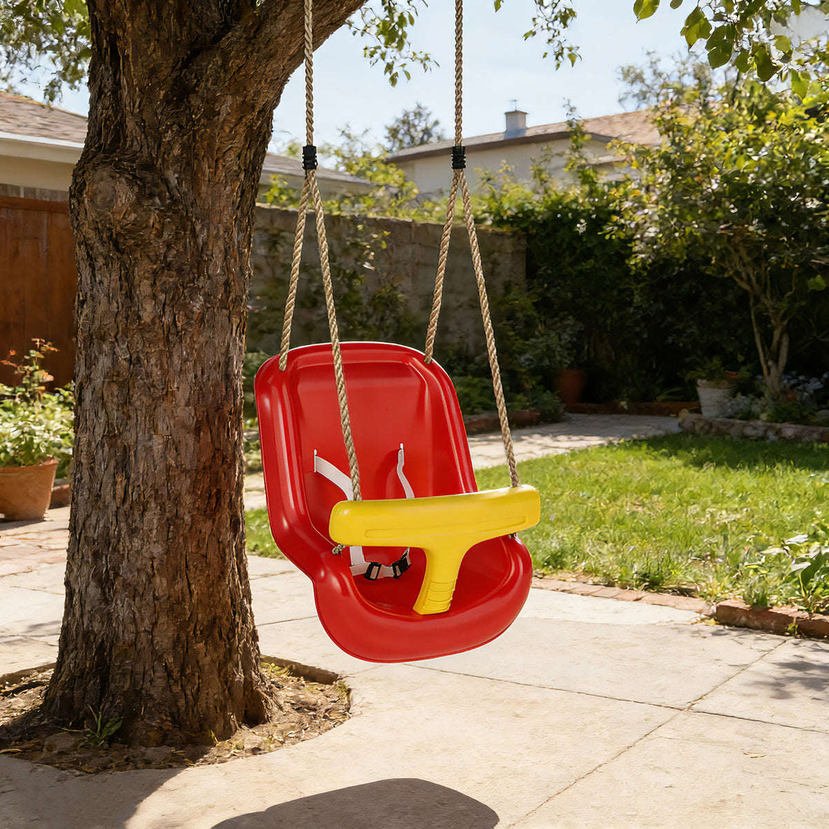 Balançoire pour enfants, balançoire bébé extérieure, dossier haut, barre de sécurité, hauteur ajustable, rouge et jaune