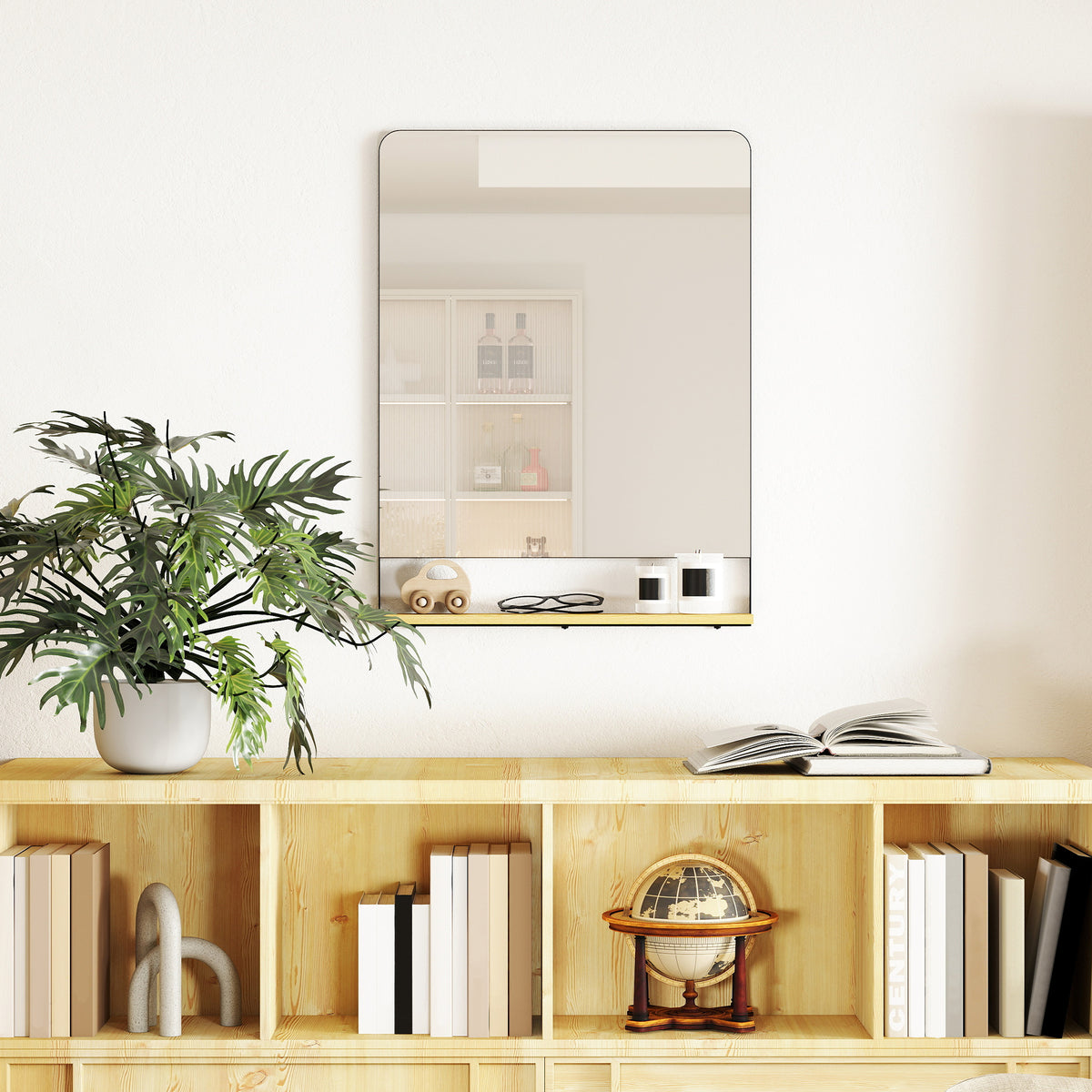 Miroir mural 80 x 60 cm avec étagère en bois, miroir rectangulaire moderne avec cadre en métal, noir