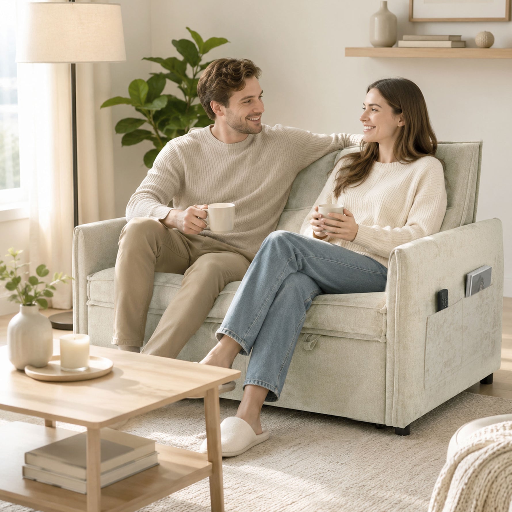 Canapé Convertible 2 Places, Canapé-Lit 3 en 1 Chenille 125 cm avec Dossier Réglable, Assise Large, 2 Oreillers, Crème