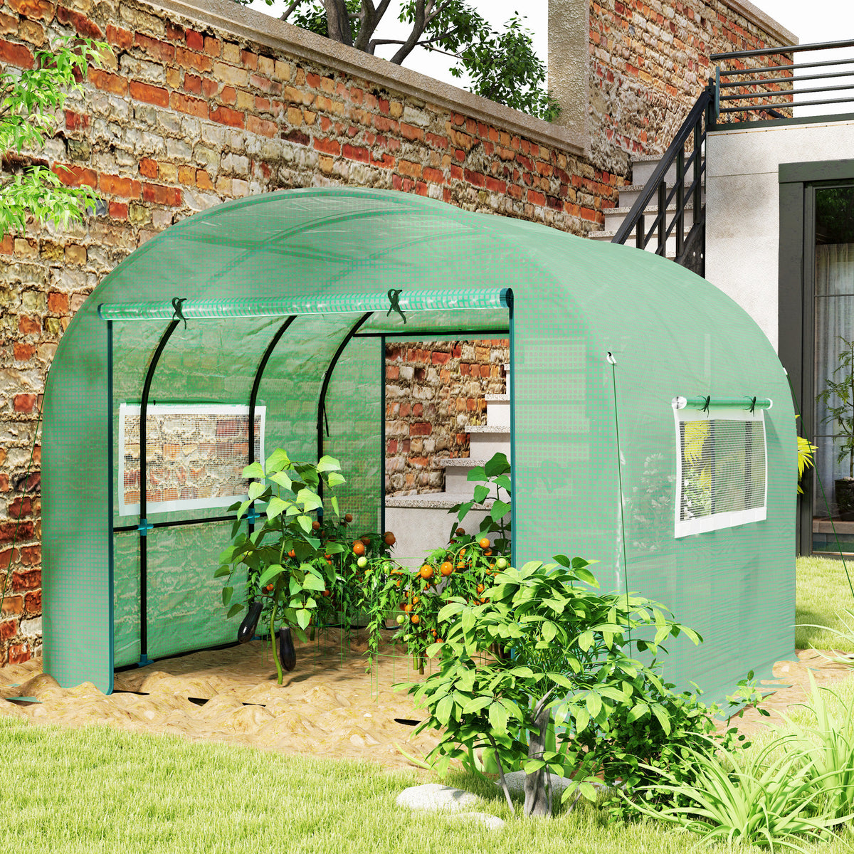 Serre de jardin serre tunnel de jardin 9m² PE Haute densité 135 g/m², avec 2 portes zippées 300 x 300 x 200 cm, vert