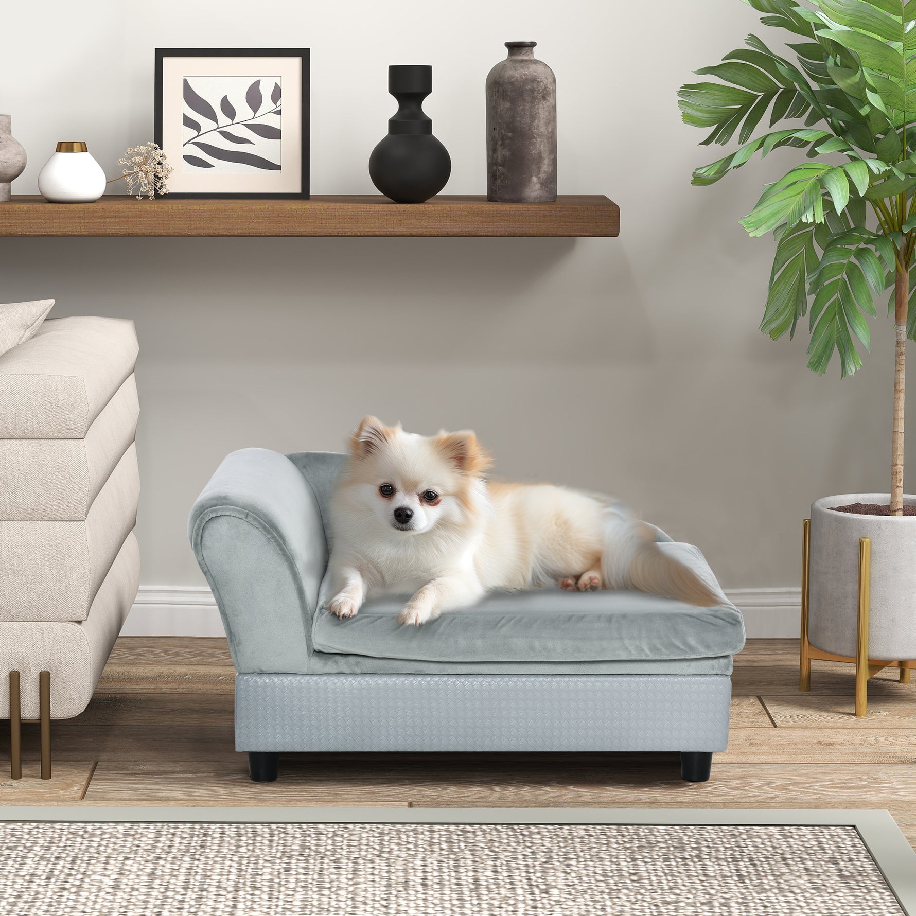 Canapé Chien Chat sur Pied avec Coffre de Rangement Style Moderne Coussin d'assise Amovible Grand Confort 76 x 45 x 43 cm gris clair