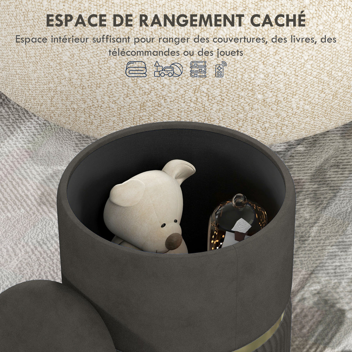 Pouf tabouret repose-pied coffre de rangement en velours côtelé 36 x 36 x 44 cm pour salon chambre gris-3