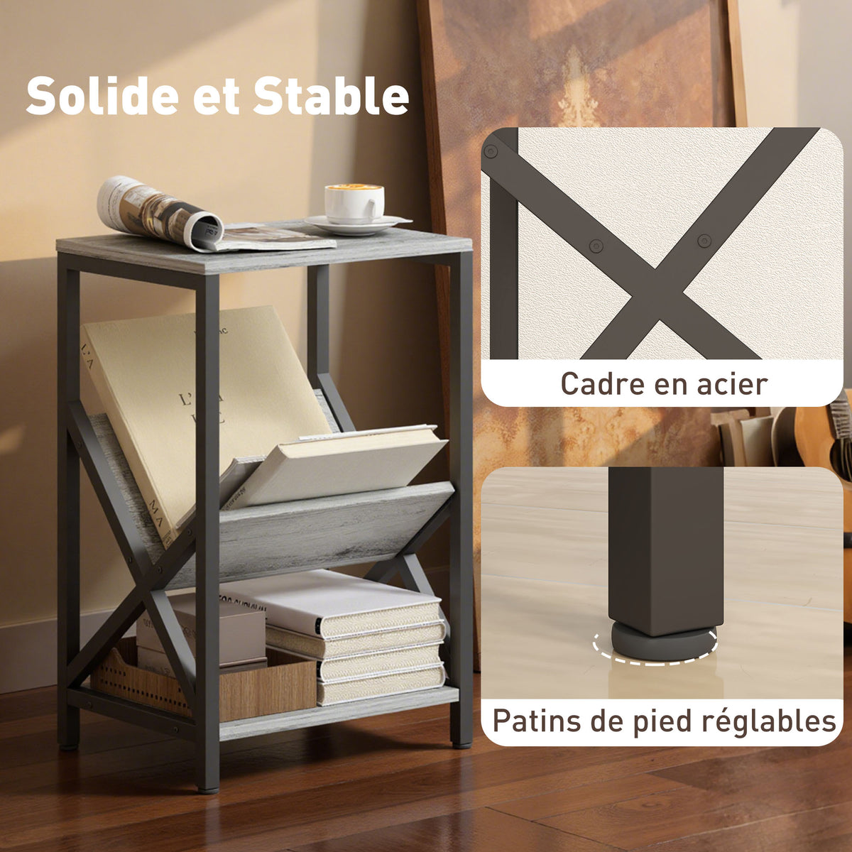 Table d'appoint étroite, bout de canapé rangement à 3 niveaux, porte-revues en V, cadre en acier, 40x30x61cm, gris foncé