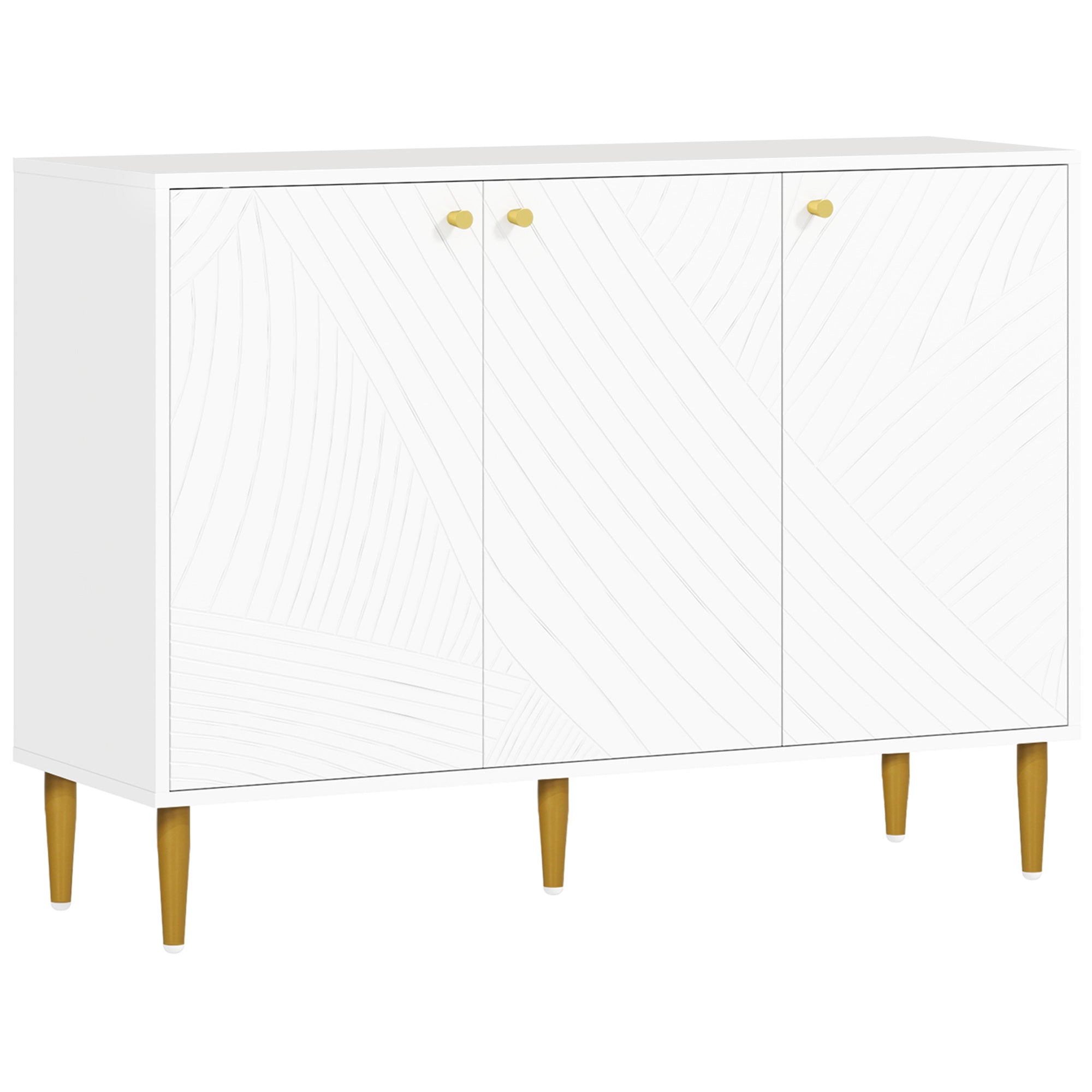 Buffet meuble de rangement avec 2 placard 3 portes étagères ajustables pieds dorés en acier 107 x 35 x 77 cm blanc