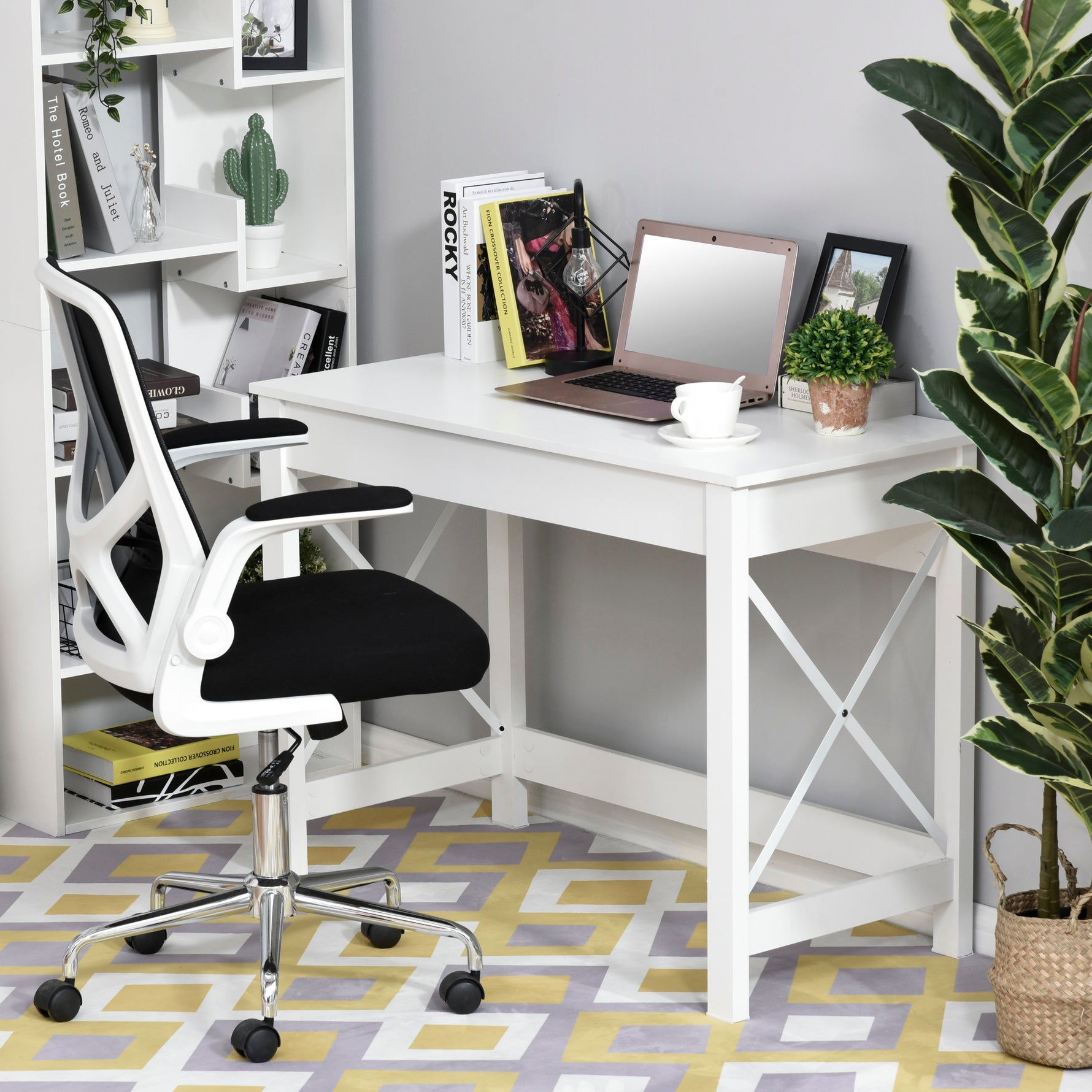 Bureau d'ordinateur, table informatique, style moderne, cadre renforcé en forme X, 105 x 50 x 76 cm, blanc