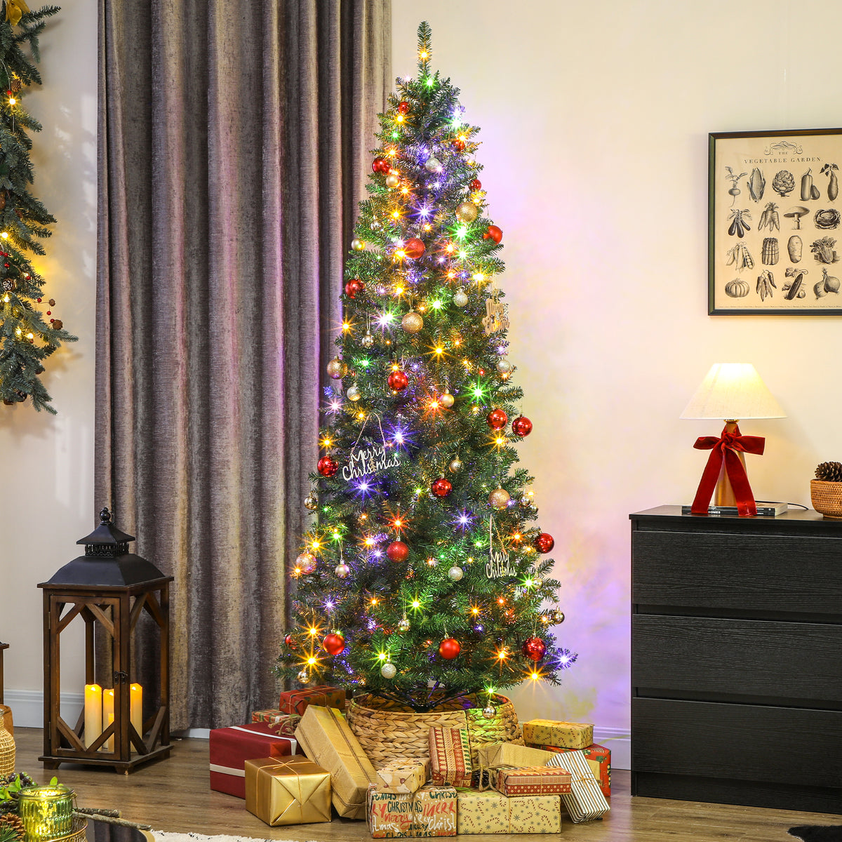 Sapin de Noël artificiel 210 cm, arbre de Noël fin avec 350 lumières, 1273 pointes, support en métal pliable, vert