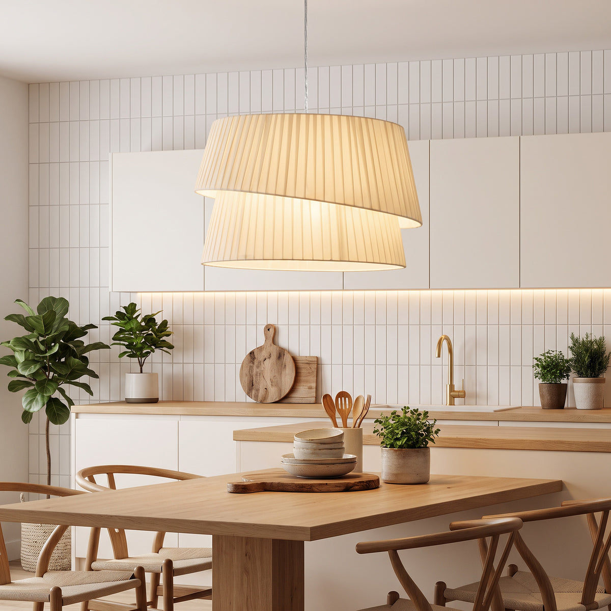 Suspension Luminaire Élégante à Double Abat-Jour, Rosace Dorée, Câble Réglable, Ampoule Non Incluse E14 40 W, Blanc