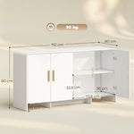 Buffet cuisine, meuble de rangement avec 4 portes à fermeture douce, 4 compartiments et bords arrondis, 152x40x80cm, blanc