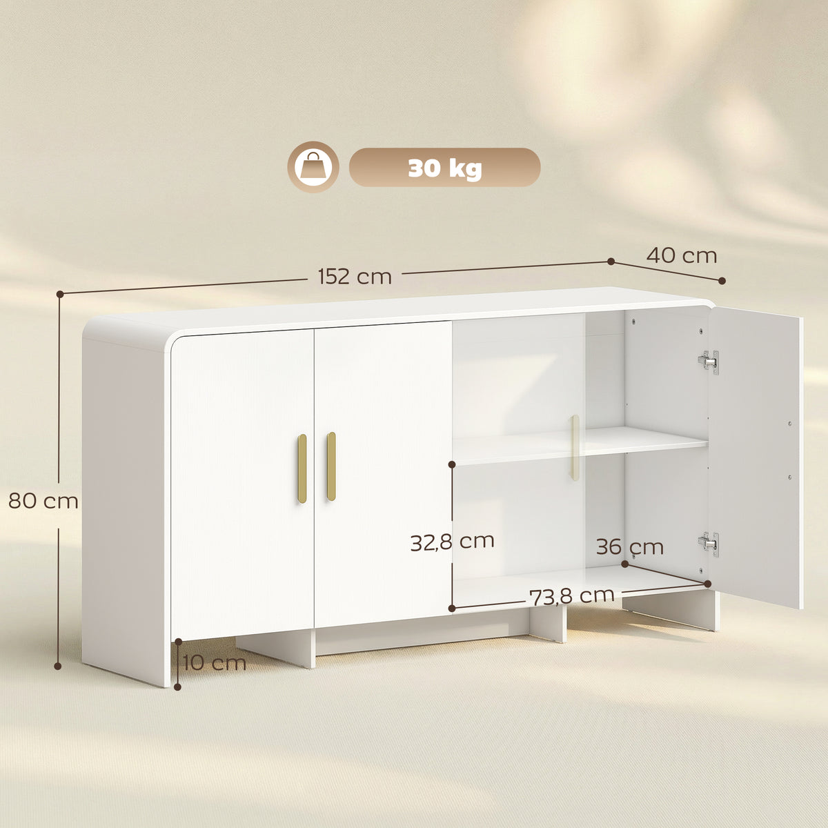 Buffet cuisine, meuble de rangement avec 4 portes à fermeture douce, 4 compartiments et bords arrondis, 152x40x80cm, blanc