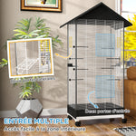 Cage oiseau sur pied volière oiseaux intérieure sur roulettes 2 mangeoires 8 perchoirs 79 x 65 x 155 cm fil d'acier noir