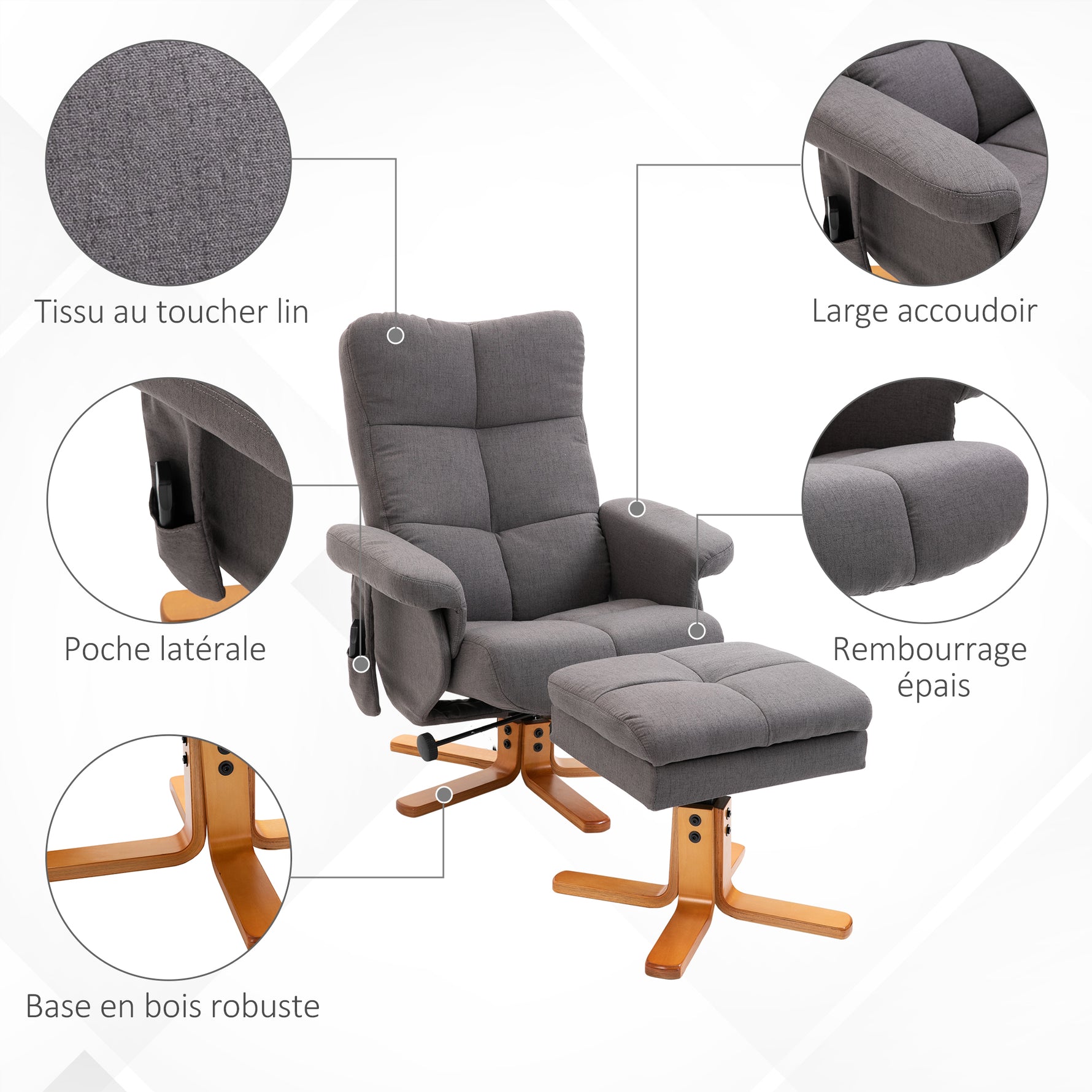 Fauteuil massant avec repose-pied - dossier inclinable jusqu'à 145°, coffre de rangement, appuie-têteet et télécommande
