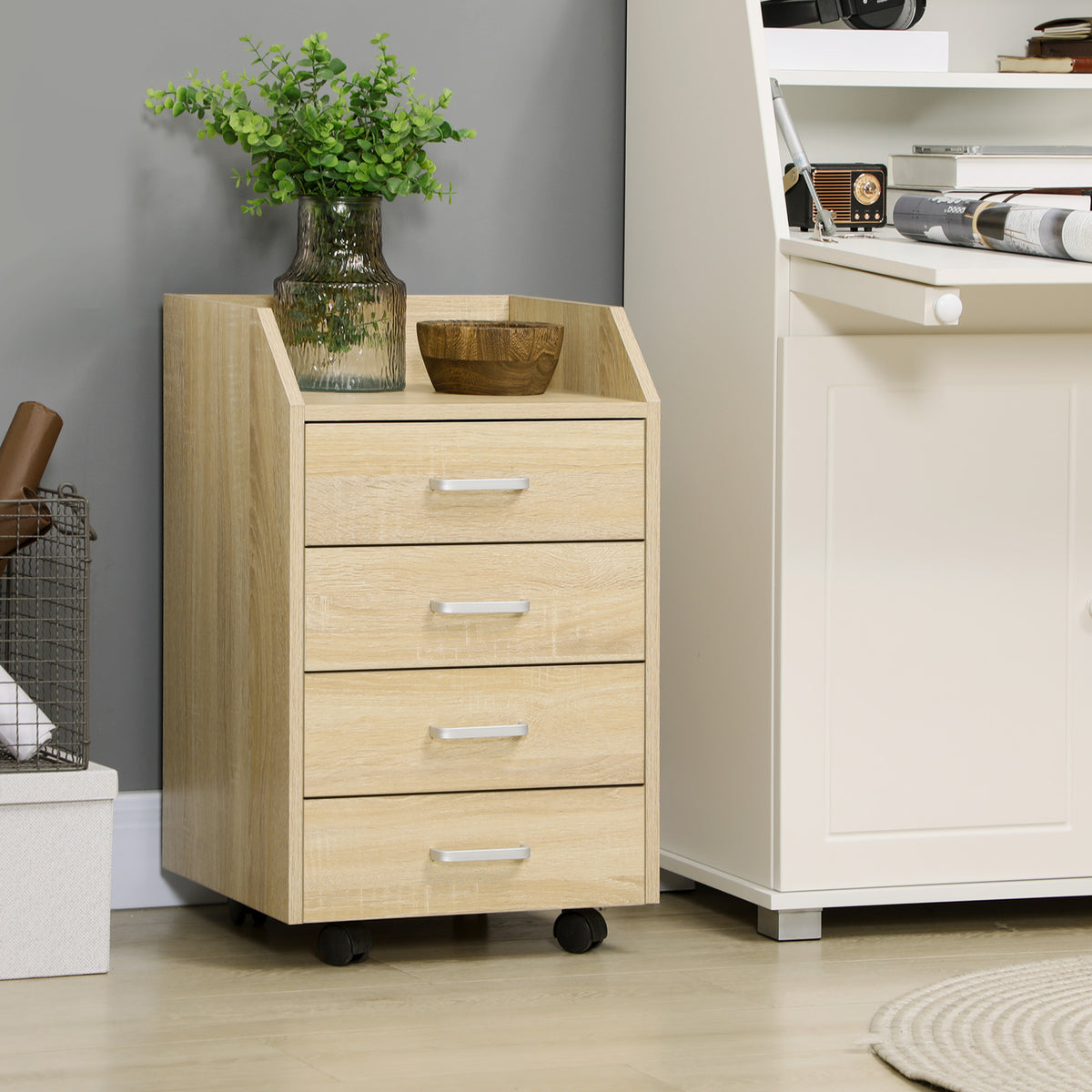 Caisson bureau rangement sur roulettes 4 tiroirs coulissants MDF et panneaux particules 40x36x65cm bois naturel