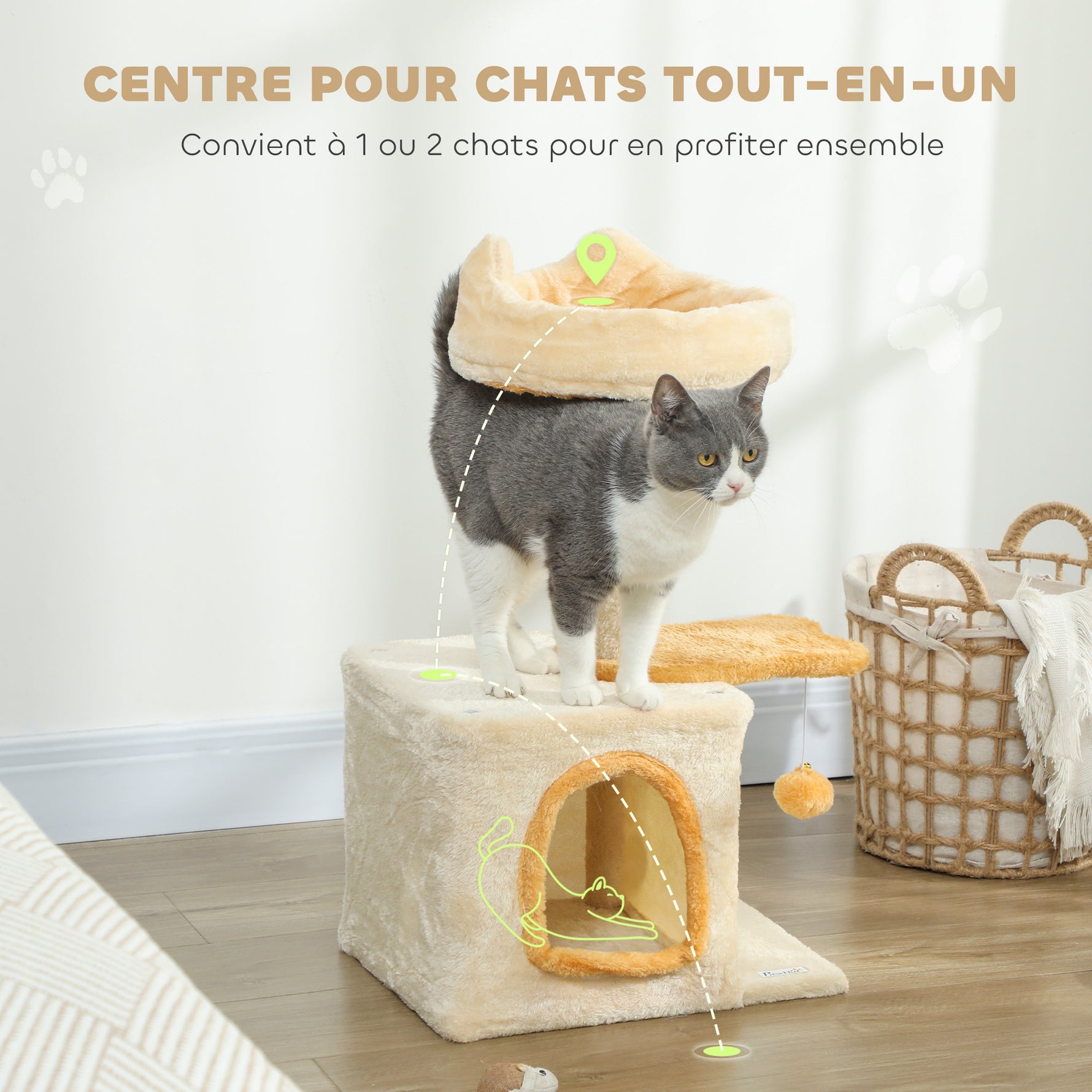 Arbre à Chat 72 cm, Perchoir Doux, Plateforme en Forme de Poisson, Niche en Peluche, Poteaux en Sisal, Balle, Beige