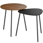 Lot de 2 tables basses gigognes, tables d'appoint contemporain cadre en métal, ronde et triangulaire, noyer et noir