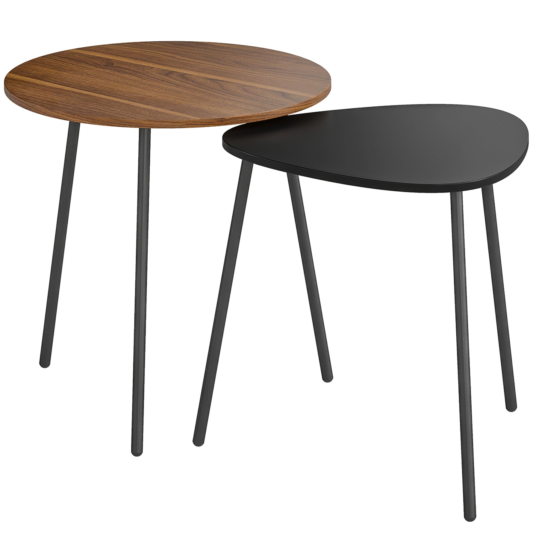 Lot de 2 tables basses gigognes, tables d'appoint contemporain cadre en métal, ronde et triangulaire, noyer et noir