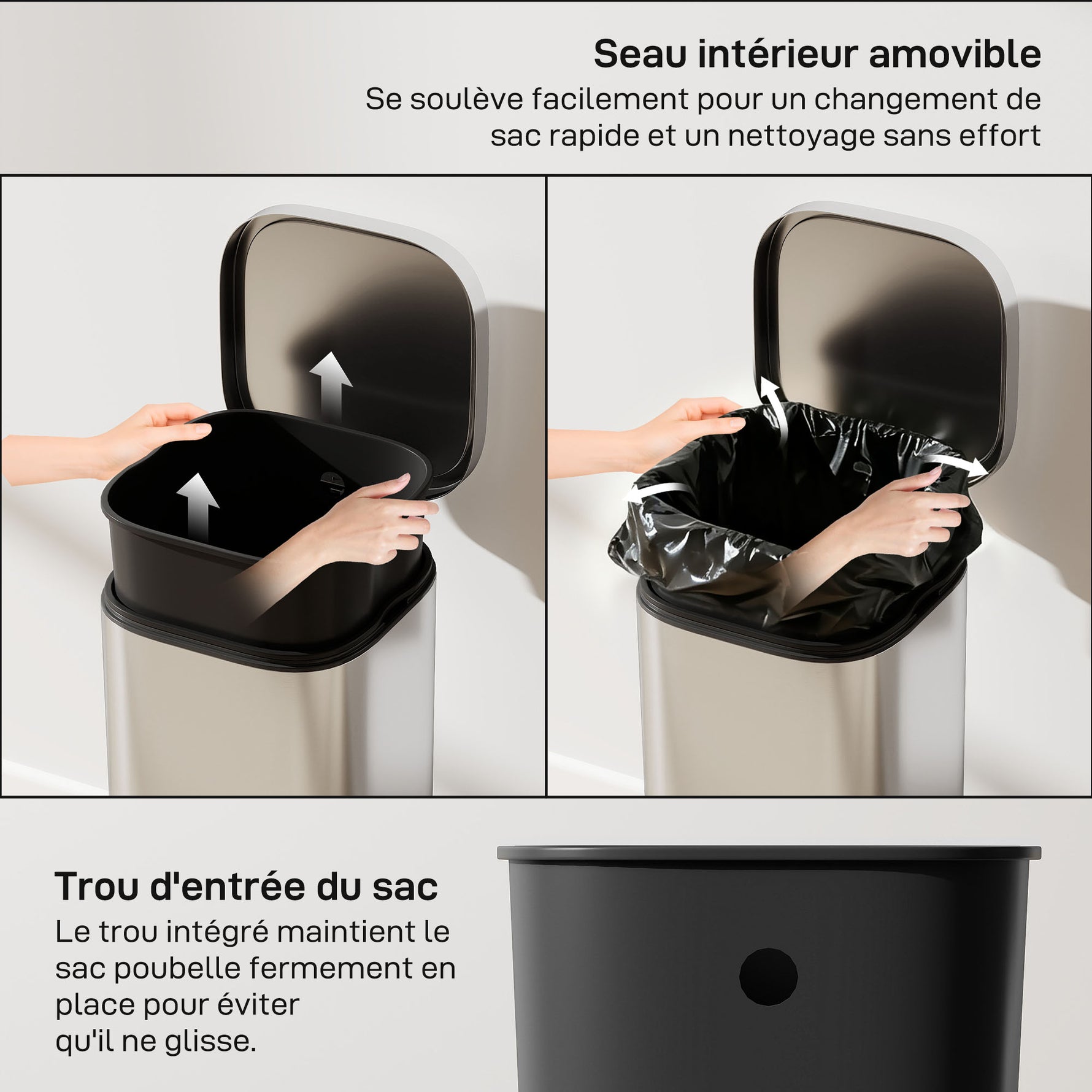 Poubelle cuisine 30L, poubelle à pédale avec seau intérieur amovible, couvercle à fermeture douce, 29x36x59,5cm, argent
