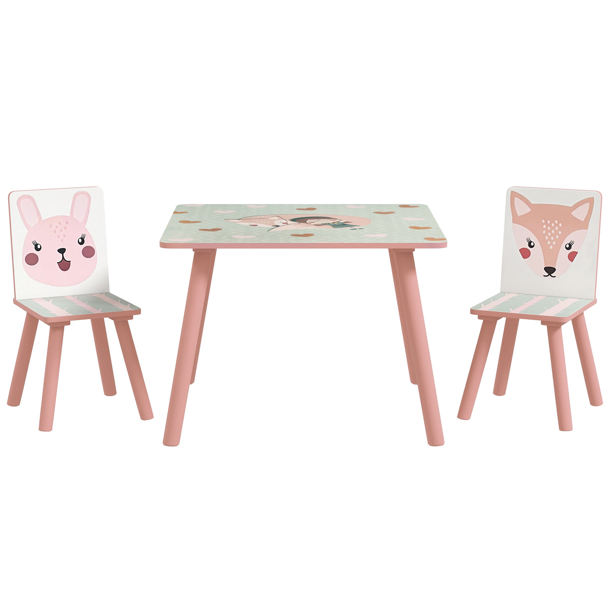 Ensemble table et chaises pour enfants, table pour enfant avec 2 chaises, motif animaux pour chambre à coucher rose