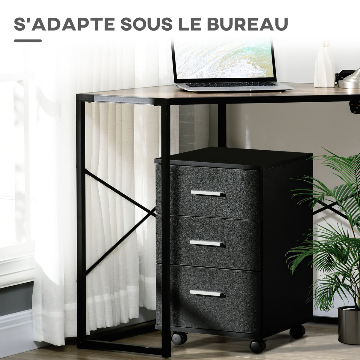 Caisson de Bureau Rangement Bureau sur Roulettes 3 Tiroirs Verrouillables 40 x 40 x 61,5 cm Noir