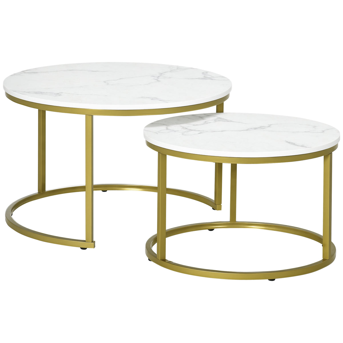 Set van 2 ronde nesttafels met marmerlook blad en stalen frame Ø 74 x 46,3 cm wit goud