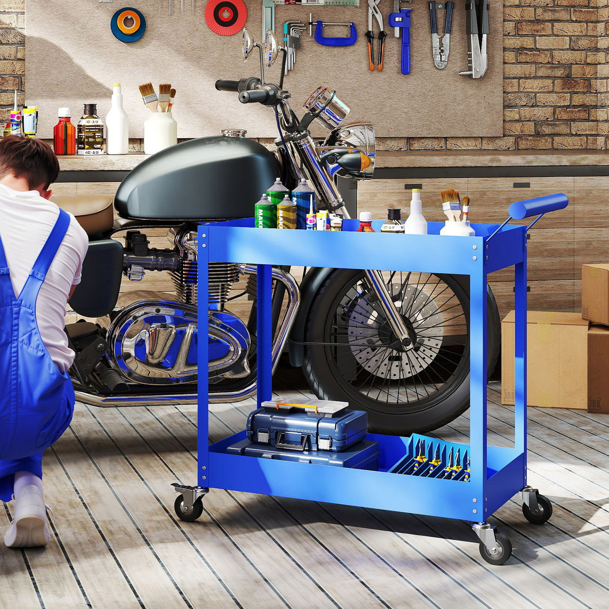 Chariot d'atelier servante atelier à 2 niveaux, poignée latérale et roulettes verrouillables, 84,5x38x84cm, bleu