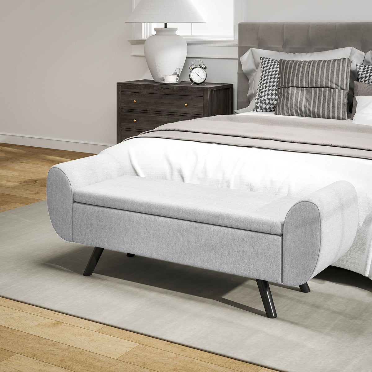 Banc de rangement 53,8L avec siège rembourré en lin et accoudoirs, pour salon, chambre, entrée, 132 x 42 x 50 cm, gris