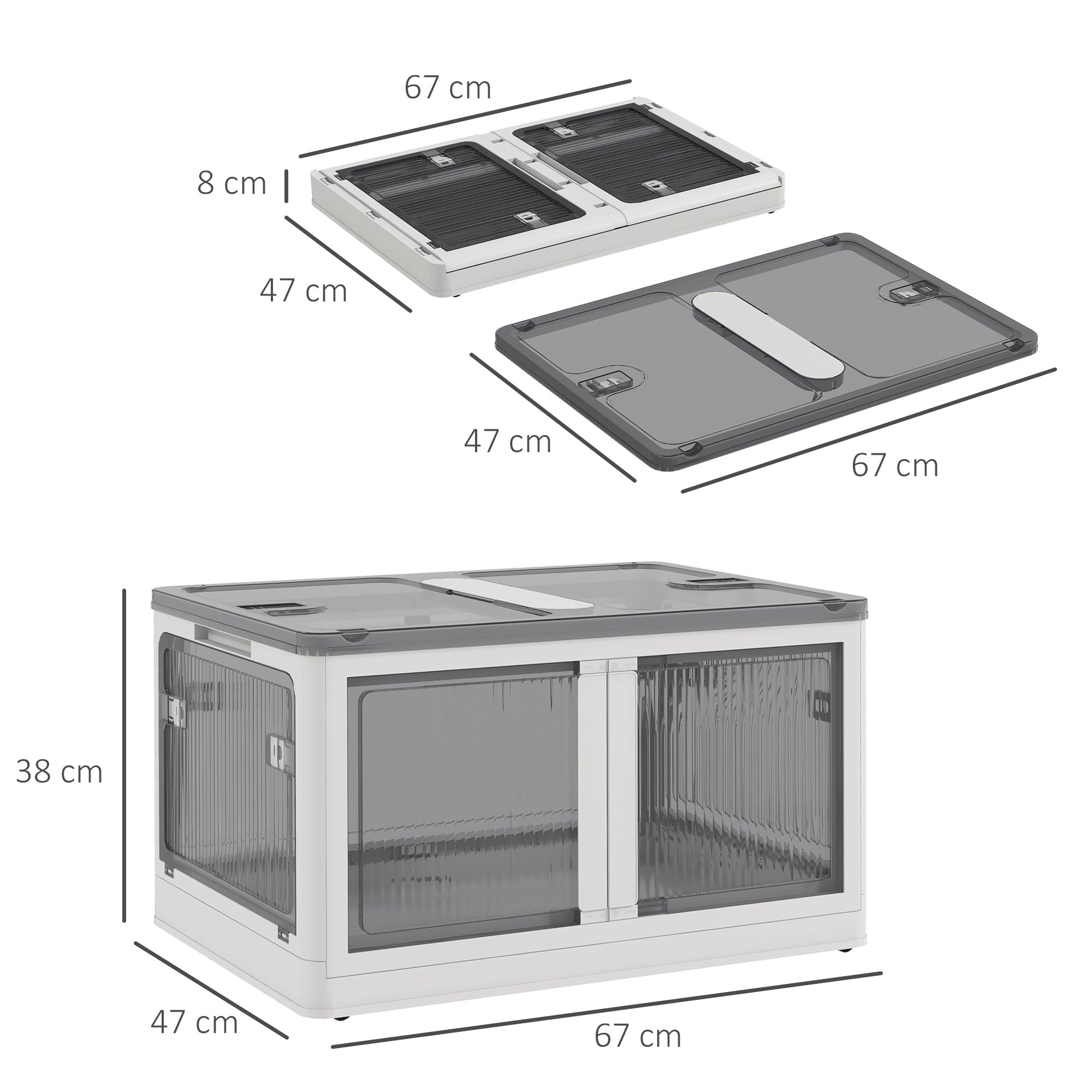 Boîte de rangement pliable et empilable 99L en plastique avec couvercle et 4 roulettes, accès à 5 côtés, blanc