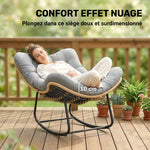 Fauteuil à bascule de jardin pour intérieur et extérieur, rocking chair en résine tressée avec coussin moelleux, gris