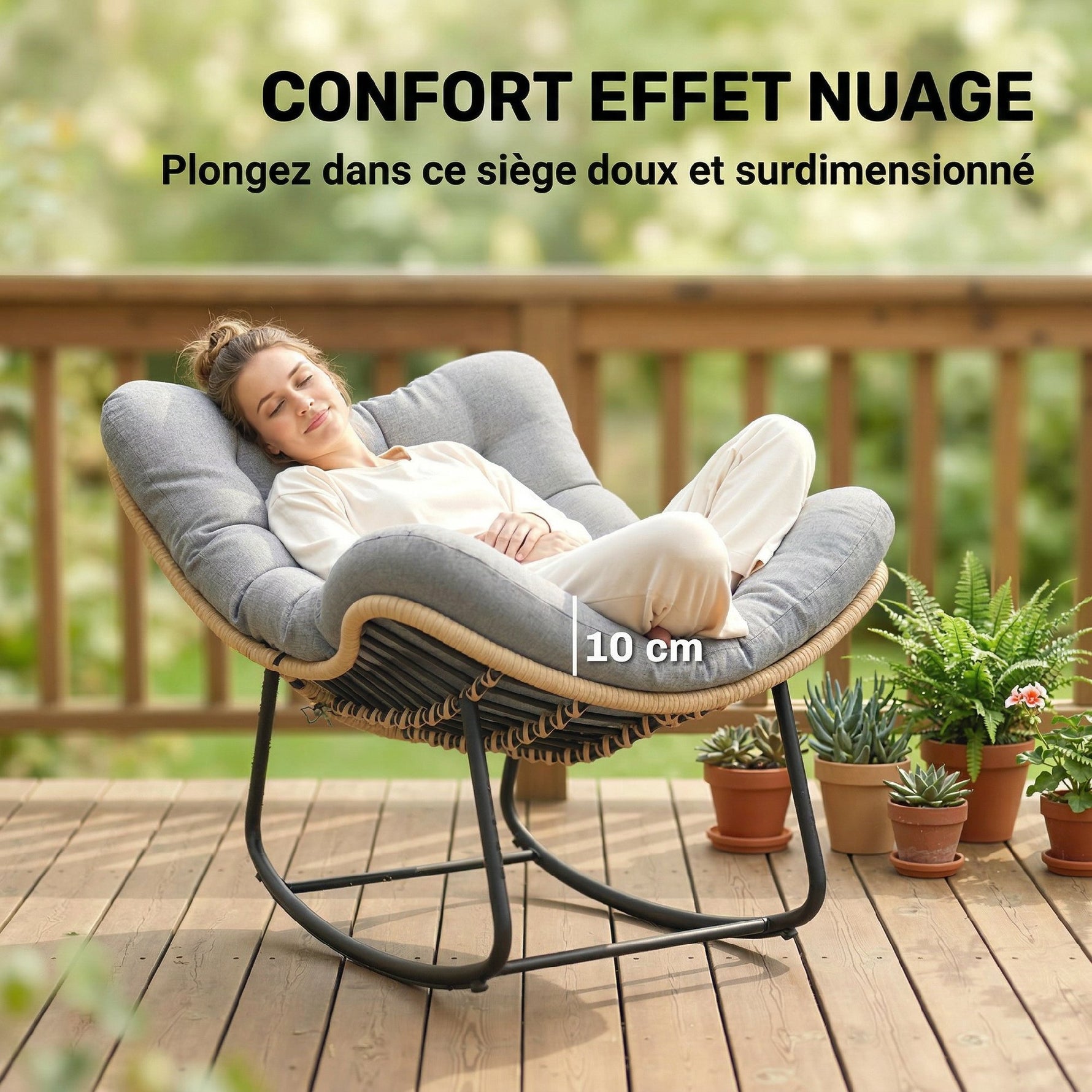 Fauteuil à bascule de jardin pour intérieur et extérieur, rocking chair en résine tressée avec coussin moelleux, gris