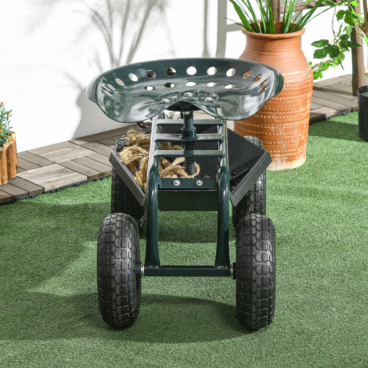 Asiento de jardín con ruedas giratorio 360° y regulable en altura con bandeja para herramientas, carga máx. 150 kg, verde