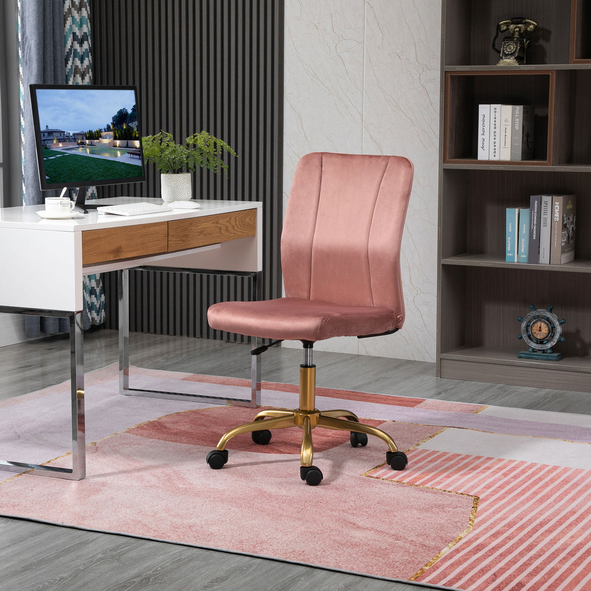 Chaise de bureau fauteuil pivotant 360° ergonomique hauteur réglable revêtement velours  rose et doré