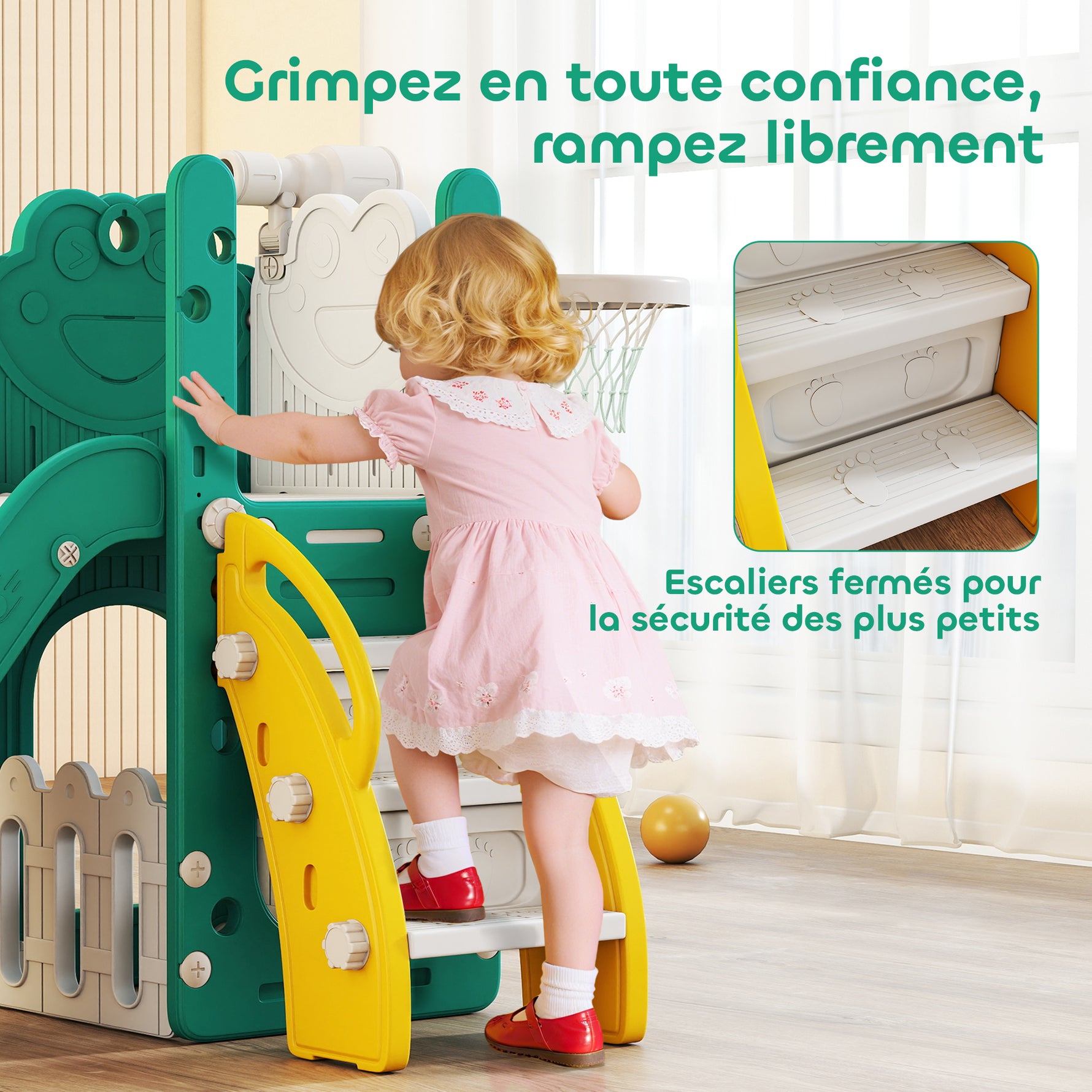 Toboggan pour tout-petits 5 en 1 toboggan autoportant pour enfant avec panier de basket, télescope, 178x70x86cm, jaune