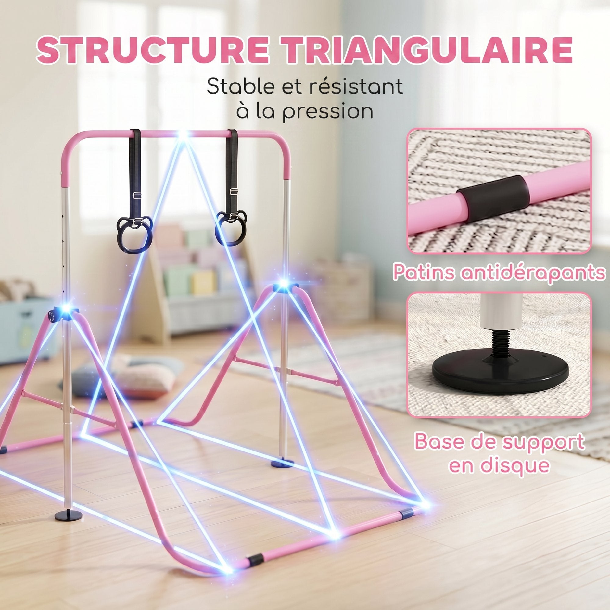 Barre de gymnastique pour enfants, barre horizontale pliable à hauteur réglable avec anneaux de gymnastique, rose