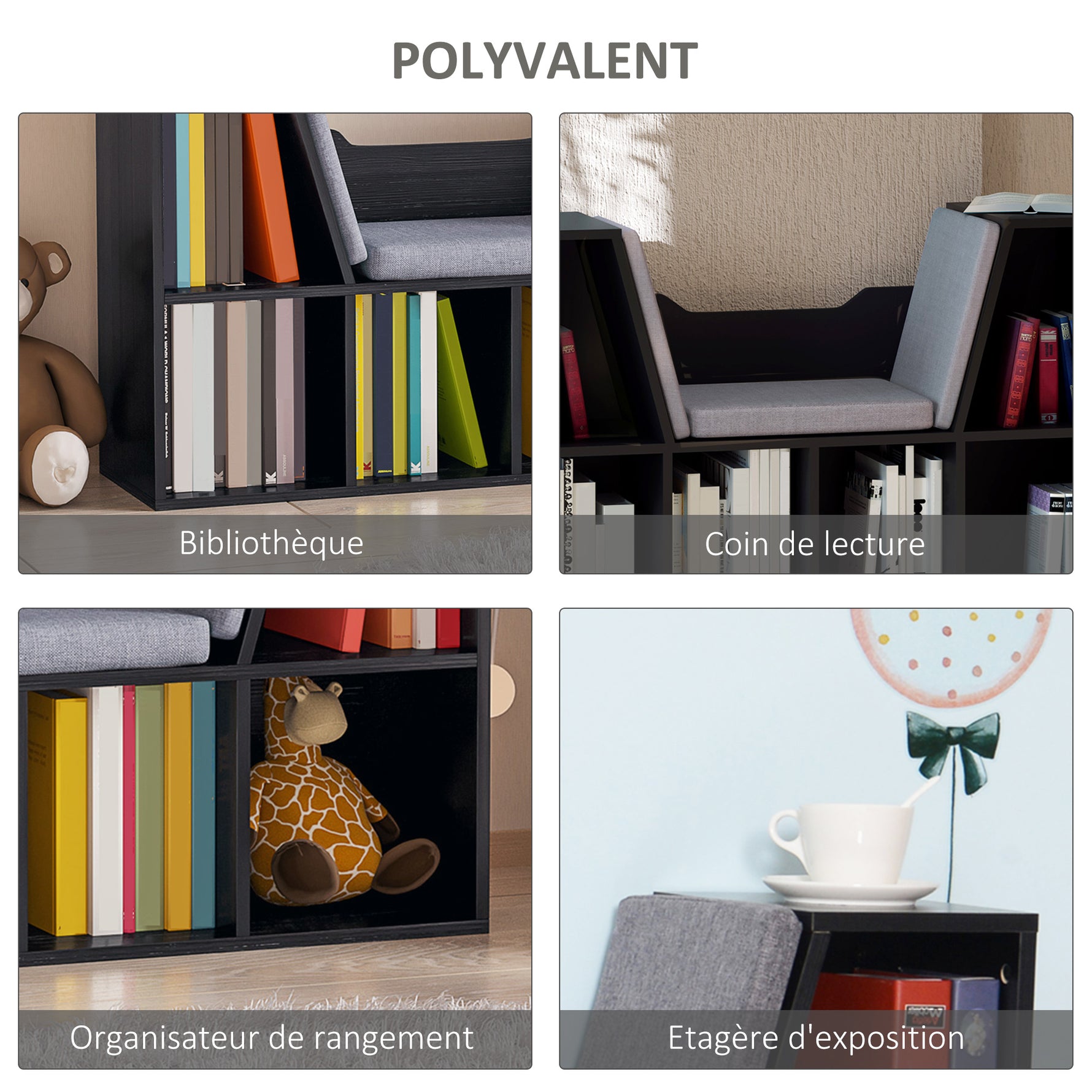 Bibliothèque banc 2 en 1 avec coussins de siège, étagère cube 6 compartiments ouverts et 2 niveaux, meuble de rangement pour salon, chambre à coucher, bureau, 102 x 30 x 61 cm, noir
