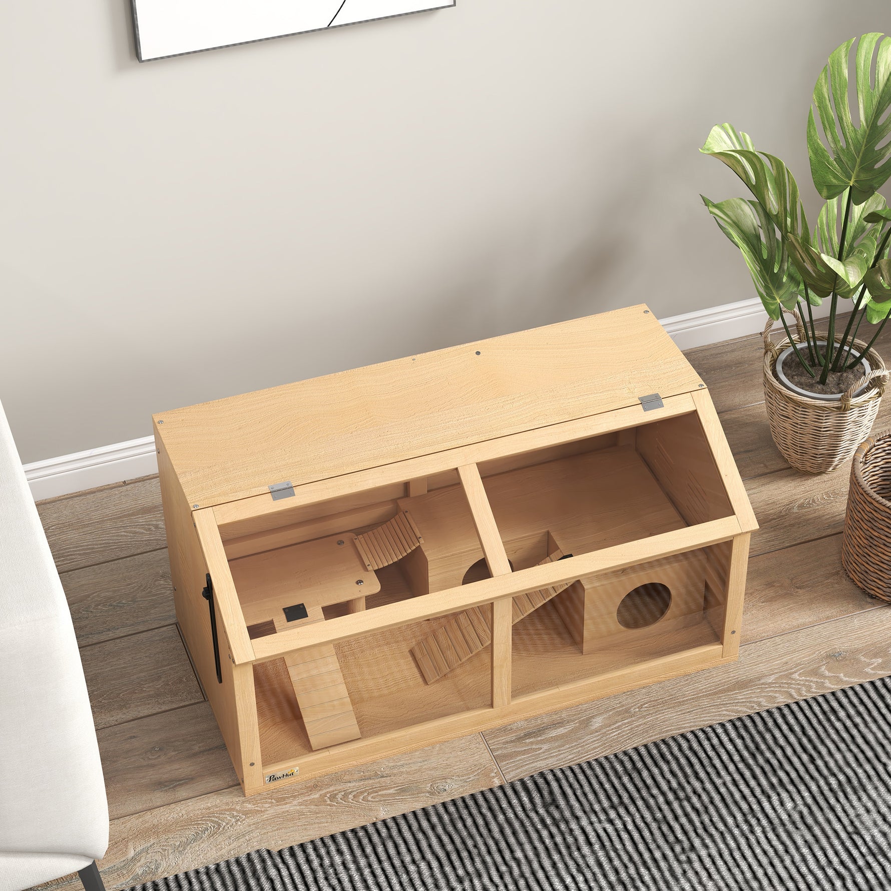 Cage hamster en bois habitat grand pour rongeur ventilation couvercle ouvrant et accessoires 85x45x44cm bois naturel