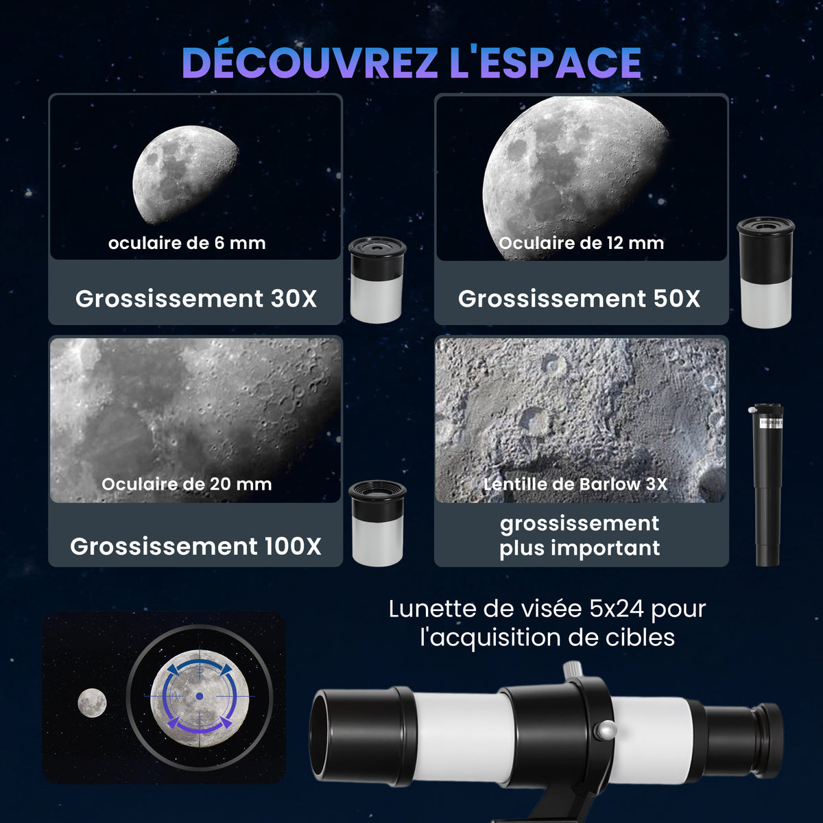Télescope Astronomique 70 mm, Télescope Réfracteur 100X/50X/30X avec 3 Oculaires, Monture AZ 300 mm, 76x76x133cm, Blanc